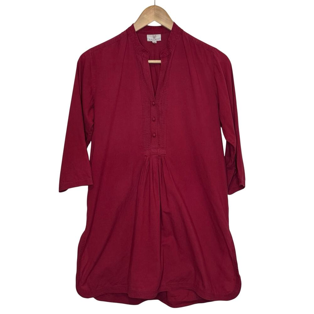 Anokhi 100% Organic Cotton Burgundy 3/4 Length Sleeve Button Detail Tunic Blouse